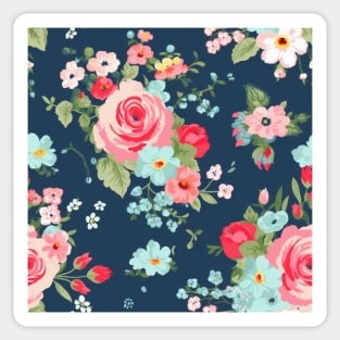 Pink Girly Floral Flowers, Pretty Feminine Pattern on Blue Background Sticker
